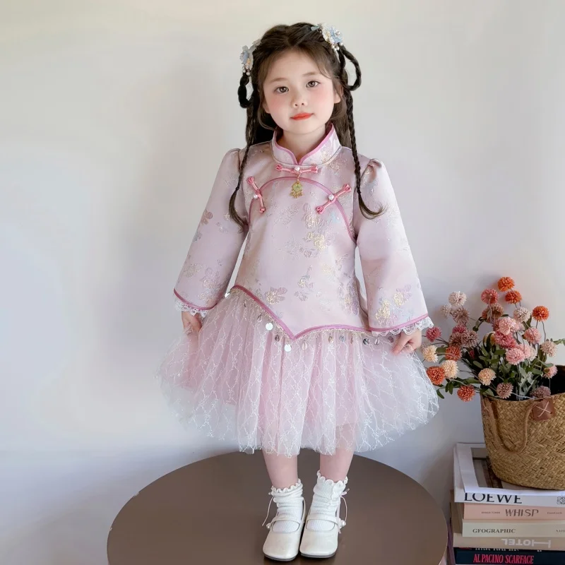 New 2026 Spring Autumn 2-10 Years Kids Tangsuit Chinese Style Baby Lace Patchwork Princess Long Sleeve Hanfu Dress For Girls