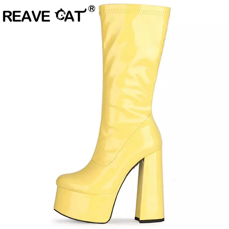 REAVE CAT INS Brand Platform Chunky High Heels Sexy Women Mid Calf Boots Color Big Size 43