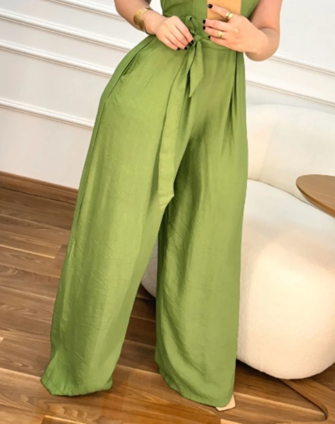 Jumpsuit Women 2024 Summer Fashion Striped Print Split Thigh Sweetheart Neck Tied Detail Casual Wide Leg Vacation Jumpsuit