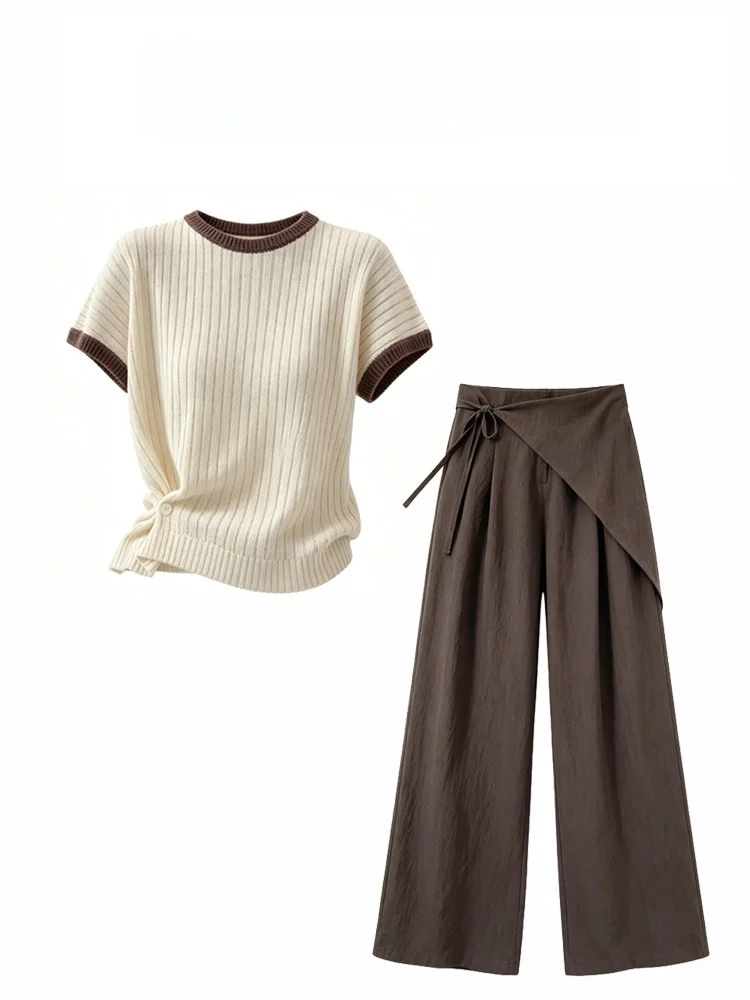 

Casual High Waist Knitted Top And Pants Two Piece Set Women's Summer Versatile Loose Feeling Fashion Ensemble Breathable