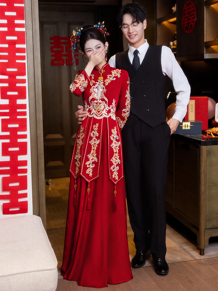 

New Chinese Sle Wedding Dr Long Sve Floor Length Fitted Gown for Engagement And Marriage Ceremony