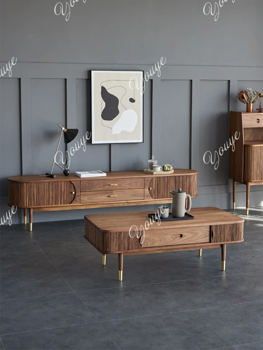 

Nordic solid wood TV cabinet, black walnut color, medium and ancient style, simple modern film and television cabinet