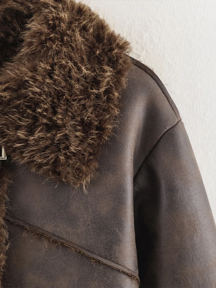 유럽 및 미국 스타일 2025 가을 신상 여성 레트로 루즈 캐주얼 라펠 긴팔 인조 모피 두꺼운 코트