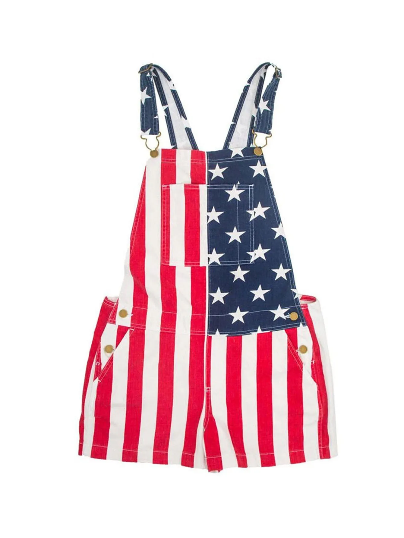 Mens Flag Overalls Denim Bib Shorts Romper Adjustable Strap with Pockets