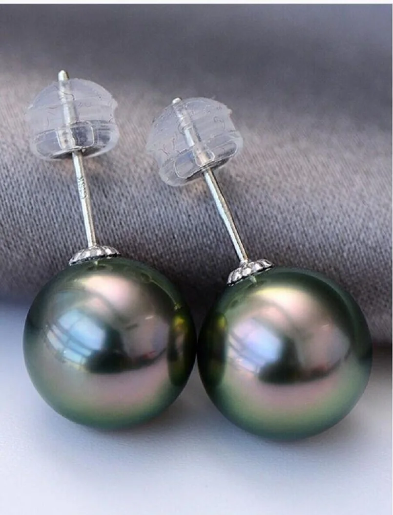 

Gorgeous AAAA Natural 10-11mm South China Sea Black Round Pearl Earrings 18k Gold