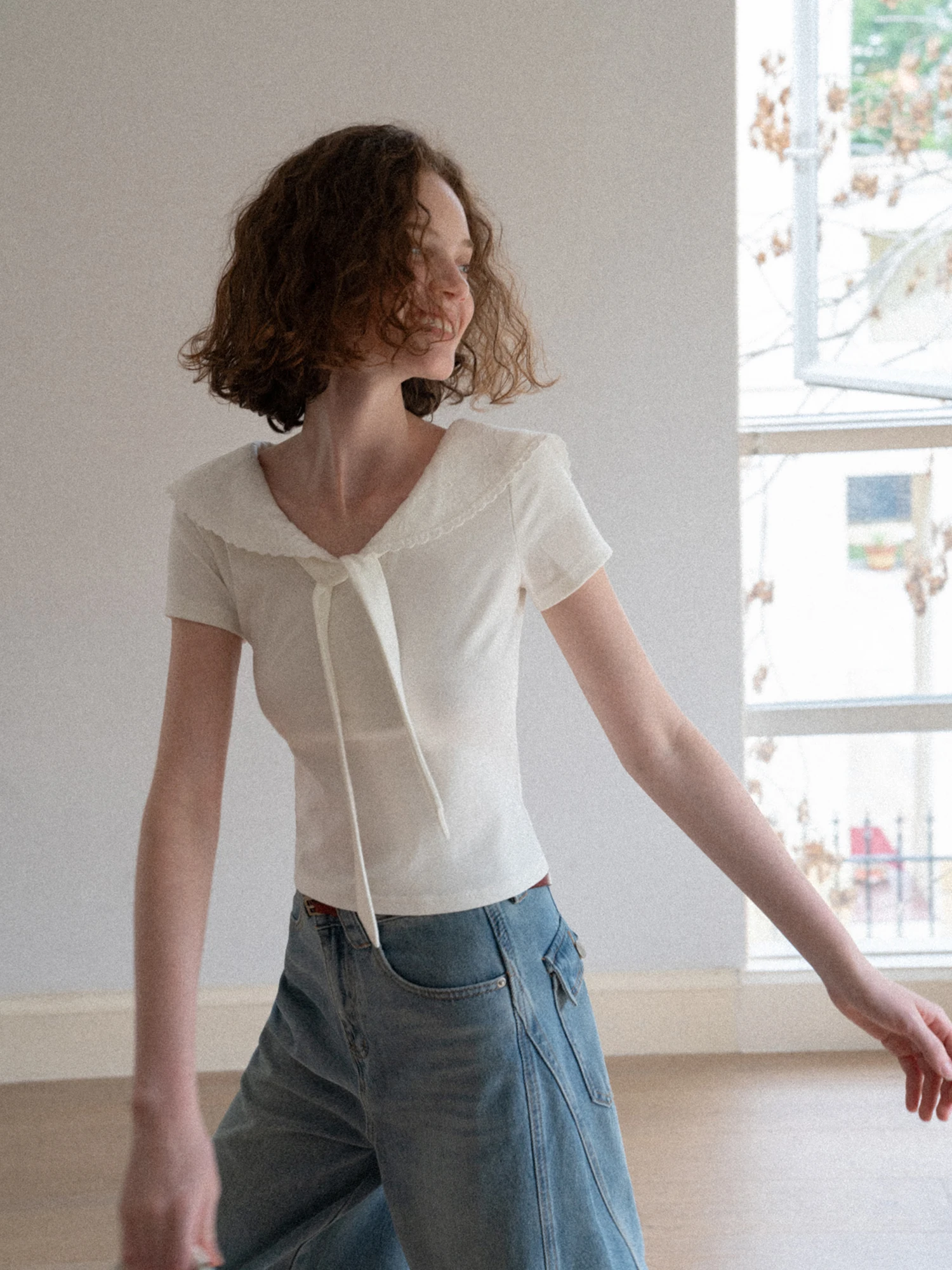 EGGKA Navy Collar T-Shirt Women's Summer Slim Fit Short Sleeve High Waist Versatile White Short Style Girl's Daily Wear