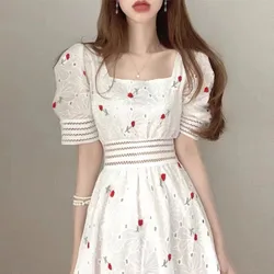 Dress Women's Summer 2024 New Sweet Embroidery Square Neck Hollow A-line Dress Waist Puff Sleeve Mid-length Dress