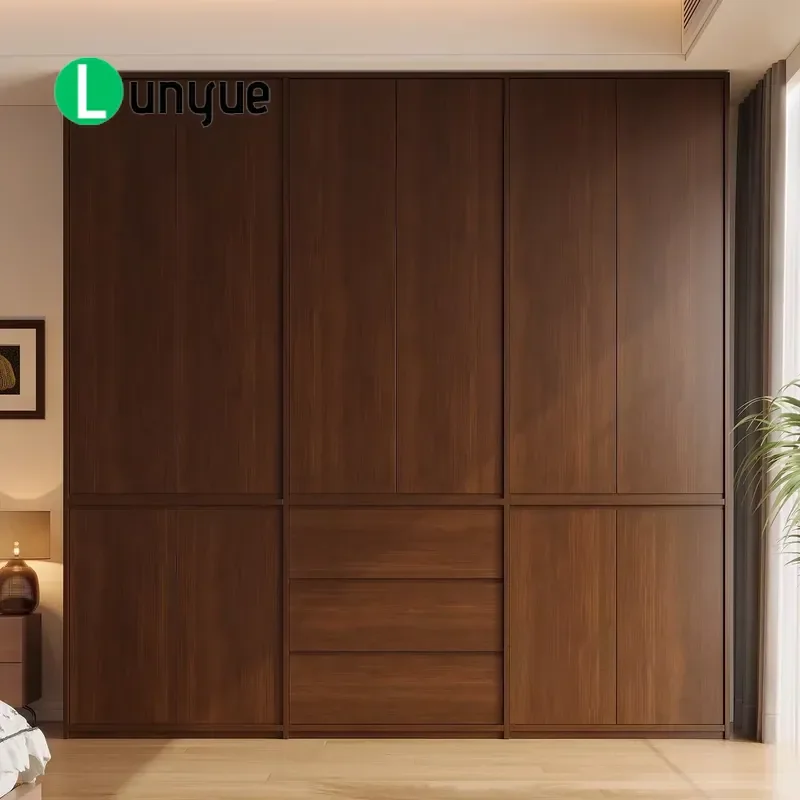 Modern Solid Wood Wardrobe Large Capacity Bedroom Storage Cabinet with Drawers Simple Dark Brown Wooden Closet for Home