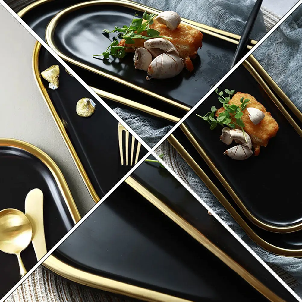 Nordic Ceramic Tray Matte Black with Gold Stroke – Elegant Cake & Western Food Serving Dish