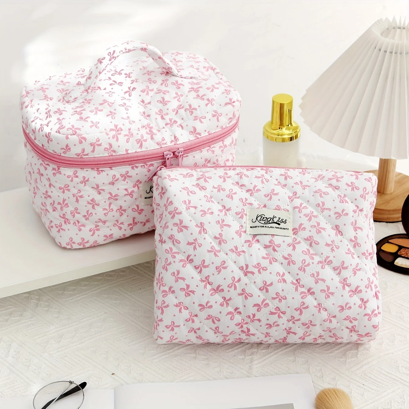 Borsa per il trucco trapuntata da 3 pezzi, borsa per cosmetici floreale grande per donna, Set di borse per il trucco in cotone, borsa da toilette da