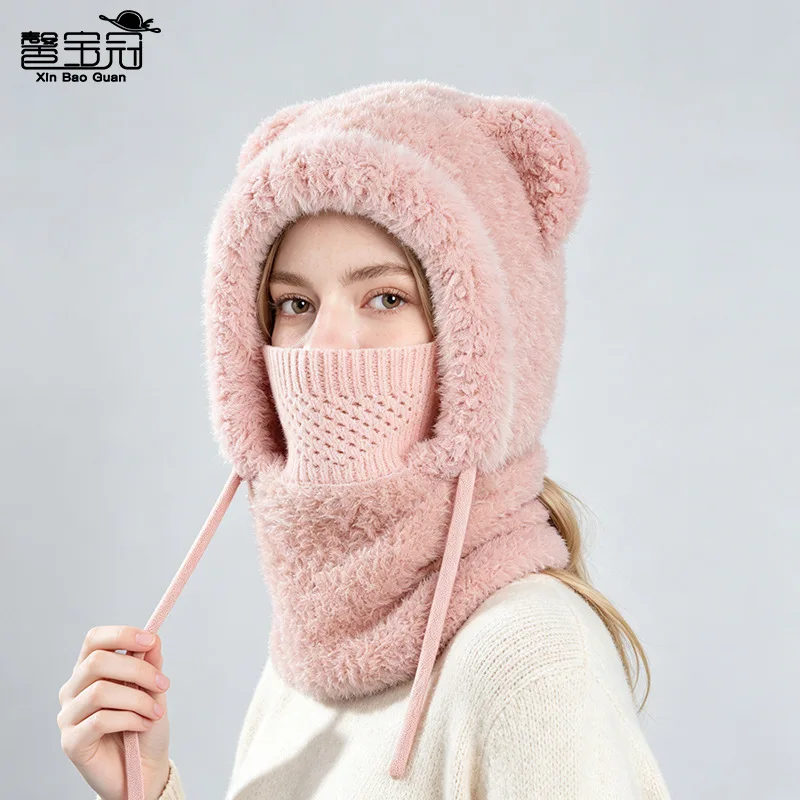 Y2k Fashion Hat Mask Scarf Integrated Hat Winter Outdoor Cycling Warm Pullover Women's Fleece Ear Protection Knitted Wool Trendy