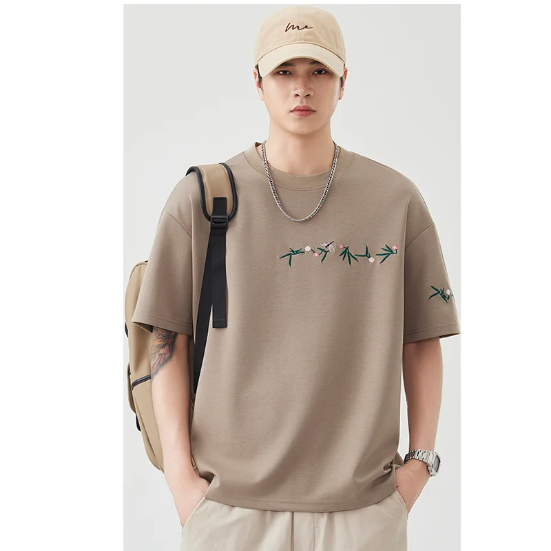 2026 Summer New Style Men's T-Shirt Modal Short Sleeve Shirt Embroidered Small Flowers