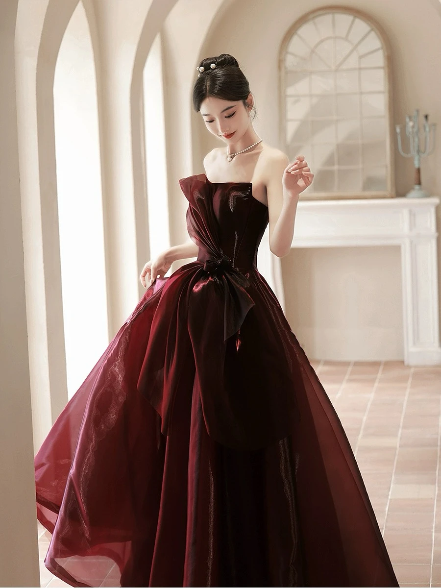 

Burgundy Tulle Evening Dresses Pleated Bow Luxury Long Toast Woman A-line Graduation Quinceanera Celebrity Prom Gowns 2024