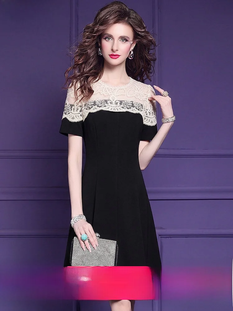 

Черное платье А-силуэта с кружевной отделкой и короткими рукавами, с завышенной талией, женское летнее приталенное платье в стиле Хепберн, элегантное городское платье для повседневной носки