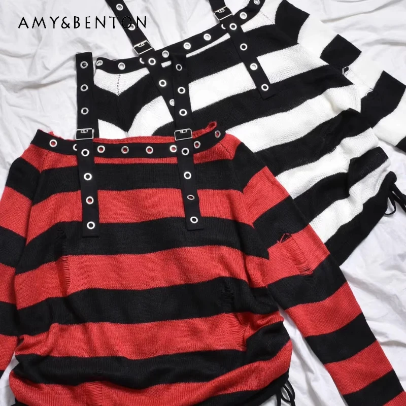 

Japanese Subculture Women's Clothing Punk Dark Rock Y2k Sweet Cool Stripe Hollow Out Loose Knitted Pullovers Sweaters Ladies