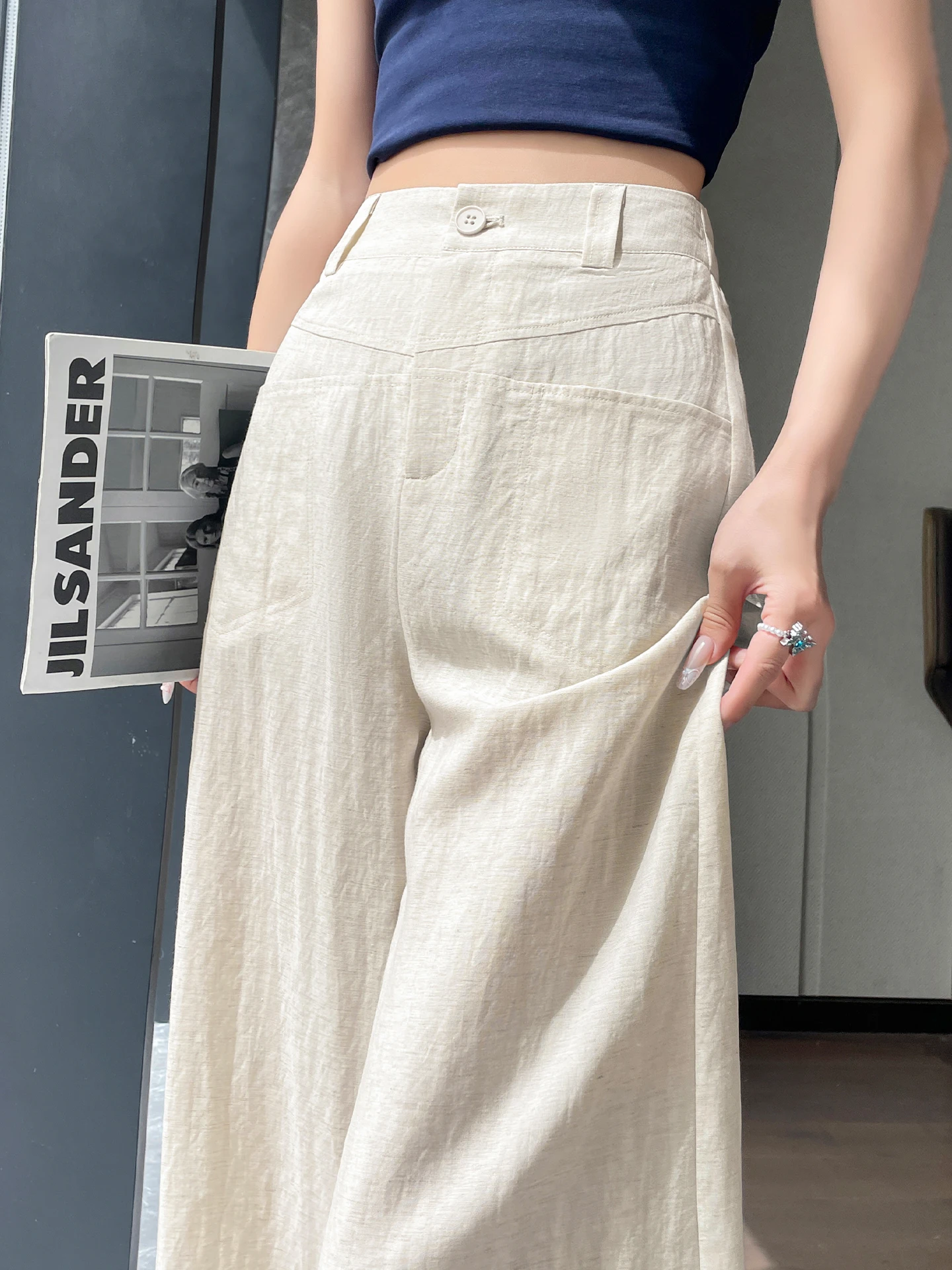 

Summer Lightweight Draped Hanflax Wide Leg Pants Women's High Waist Straight Cut Loose Fit Casual Trousers Ice Silk Cotton Linen