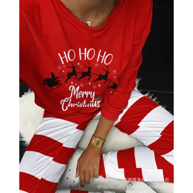 Christmas Costume Letters Printed Long Sleeve Shirt Stripe Long Pants Sleepwear Pajamas Women Home Pajamas Suit Two Piece Set