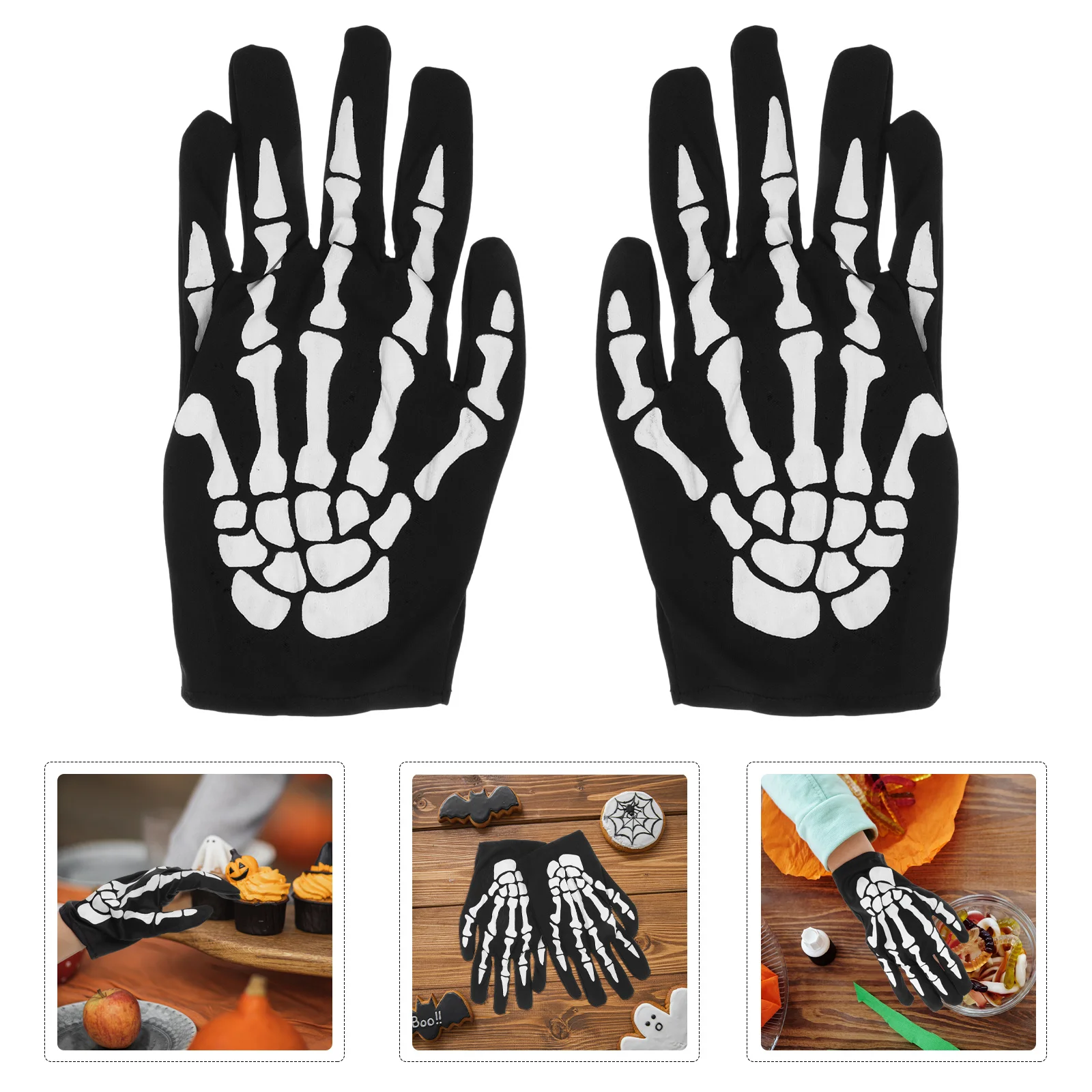 

One Pair Black Halloween Gloves with White Skull Print Warm Lined Flexible Fabric for Costume Parties Outdoor Activities Goth