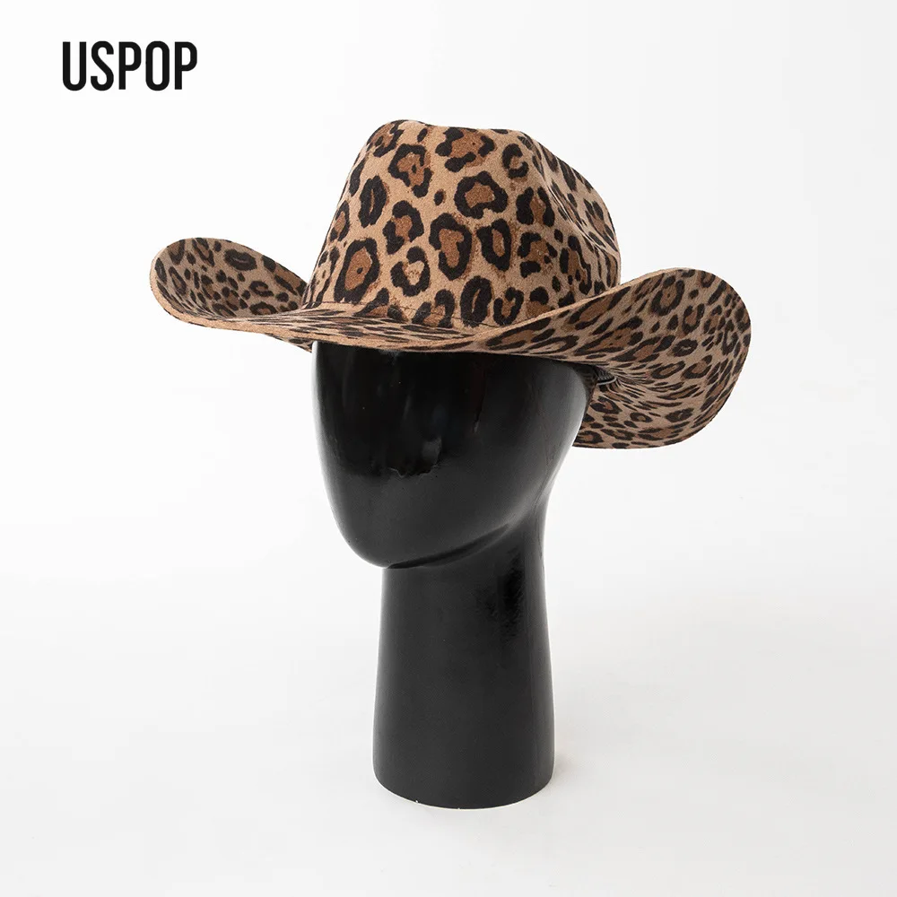 USPOP Women's 100% Wool Western Cowboy Hat Leopard Print Wide Brim Cowgirl Hat for Rodeo Festival Travel