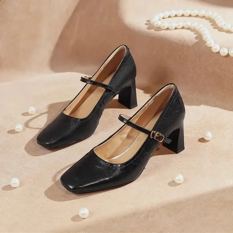 2025 新しい女性のメアリージェーンハイヒールスクエアトゥチャンキーヒールアウトドアファッションドレスパンプス女性浅いバックルストラップ靴