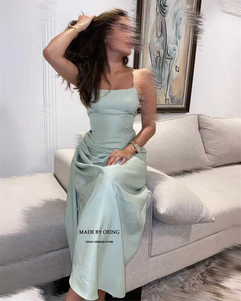 OEING-Mint Green Stain Prom Dresses, Spaghetti Straps, Vestido de noite plissado, Tea Length, Ocasião Formal