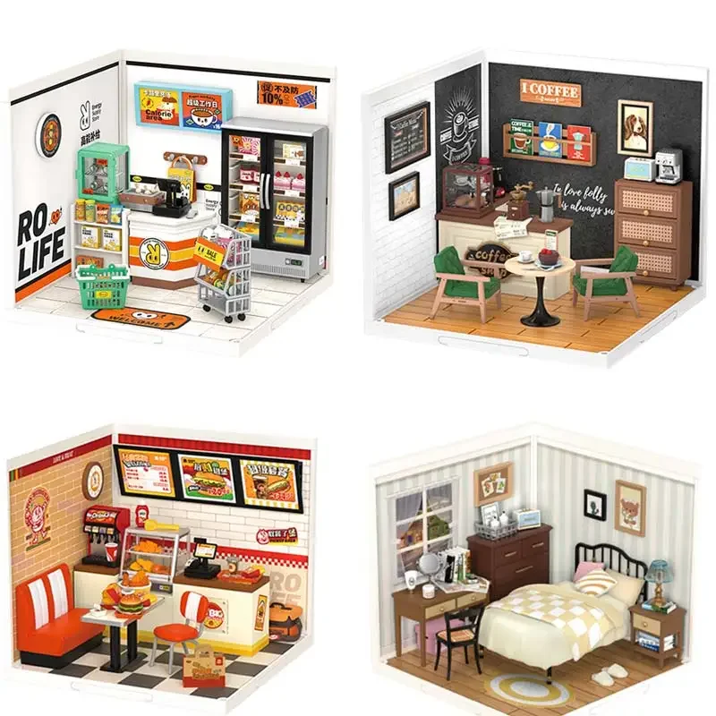 Rolife Super Creator Daily Plastic DIY Miniature House Cafe Hamburger Convenience Store Bedroom Building Blocks Sets Best Gift