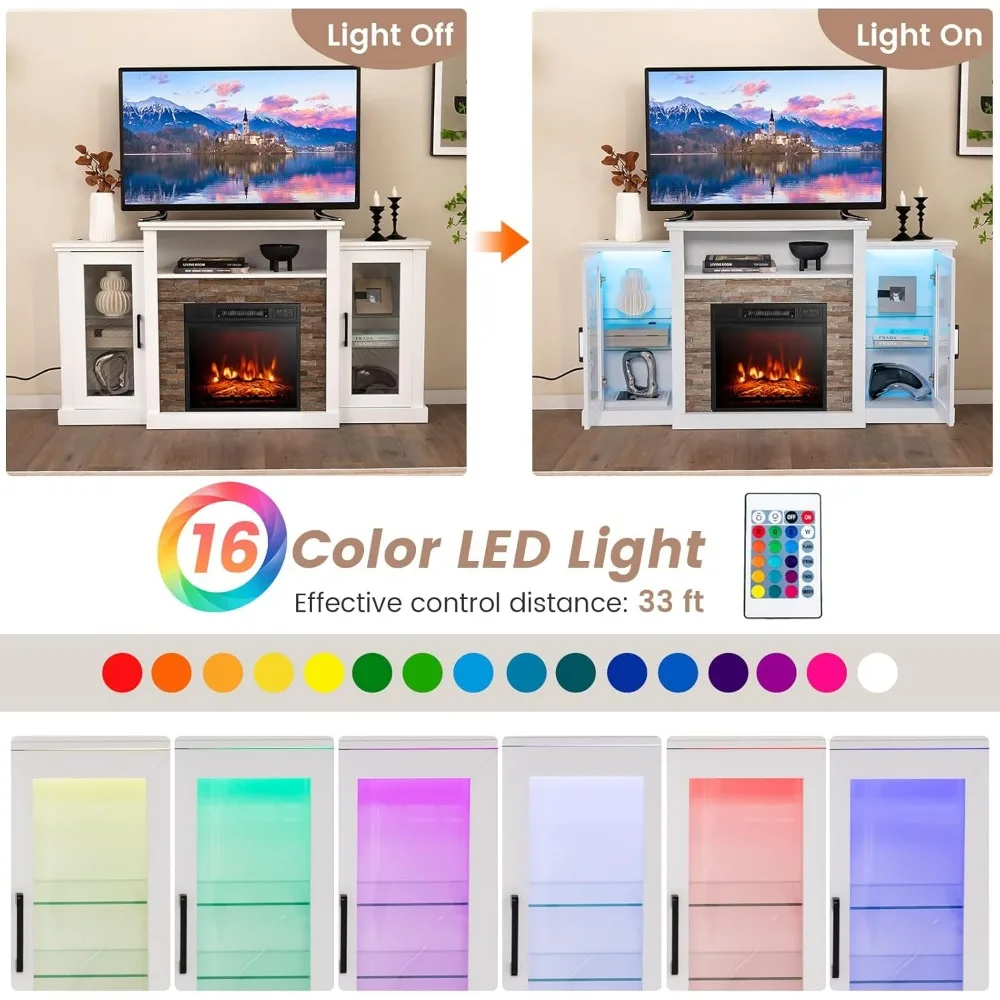 Electric Fireplace TV Stand, Electric Fireplace Mantel with 16-Color Led Lights, Adjustable Glass Shelves, Remote & Smart