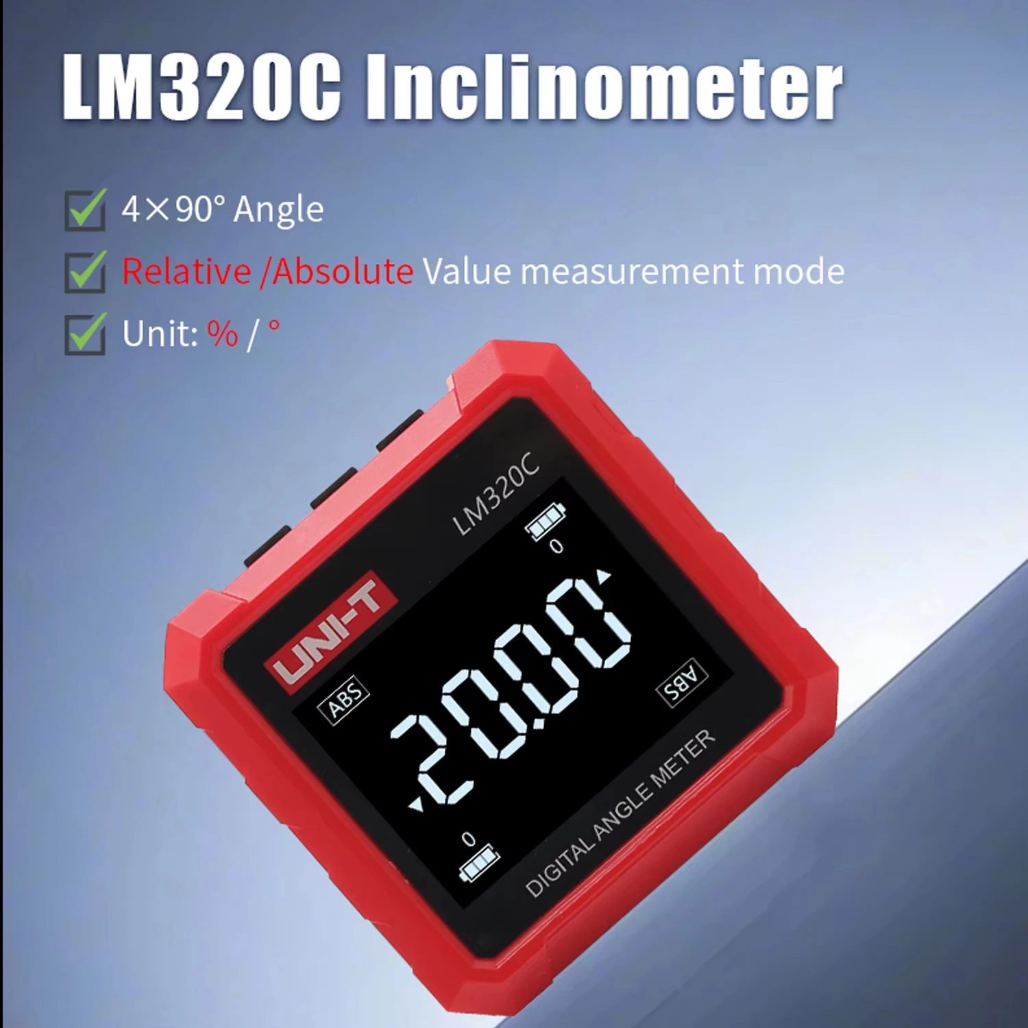 

UNI-T LM320C Digital Angle Meter Relative & Absolute Angle Measurement 4x90° Inclinometer 3 Side Magnetic Electronic Goniometer