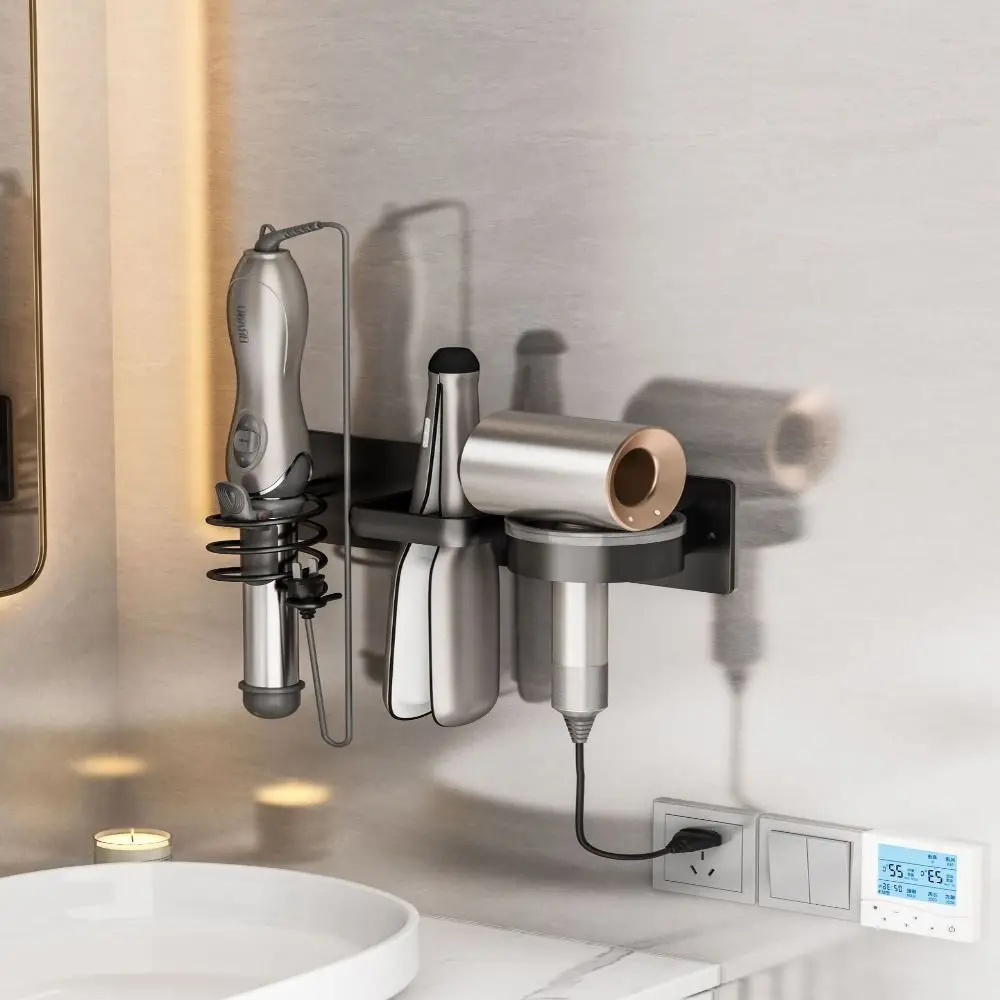 

Practical Aluminum Hair Dryer Holder Wall Mounted 3 in 1 Hair Dryer Bracket Space Saving Rustproof Curling Iron Shelf for Home