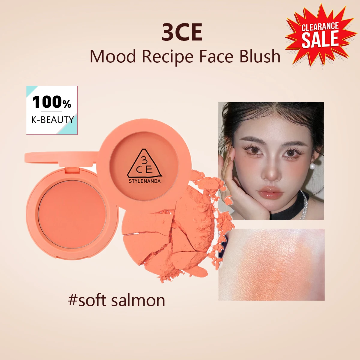 

[Распродажа] Румяна для лица 3CE Mood Recipe Soft Salmon, стойкие, легко растушевываются, естественный цвет, K-Beauty, корейская косметика