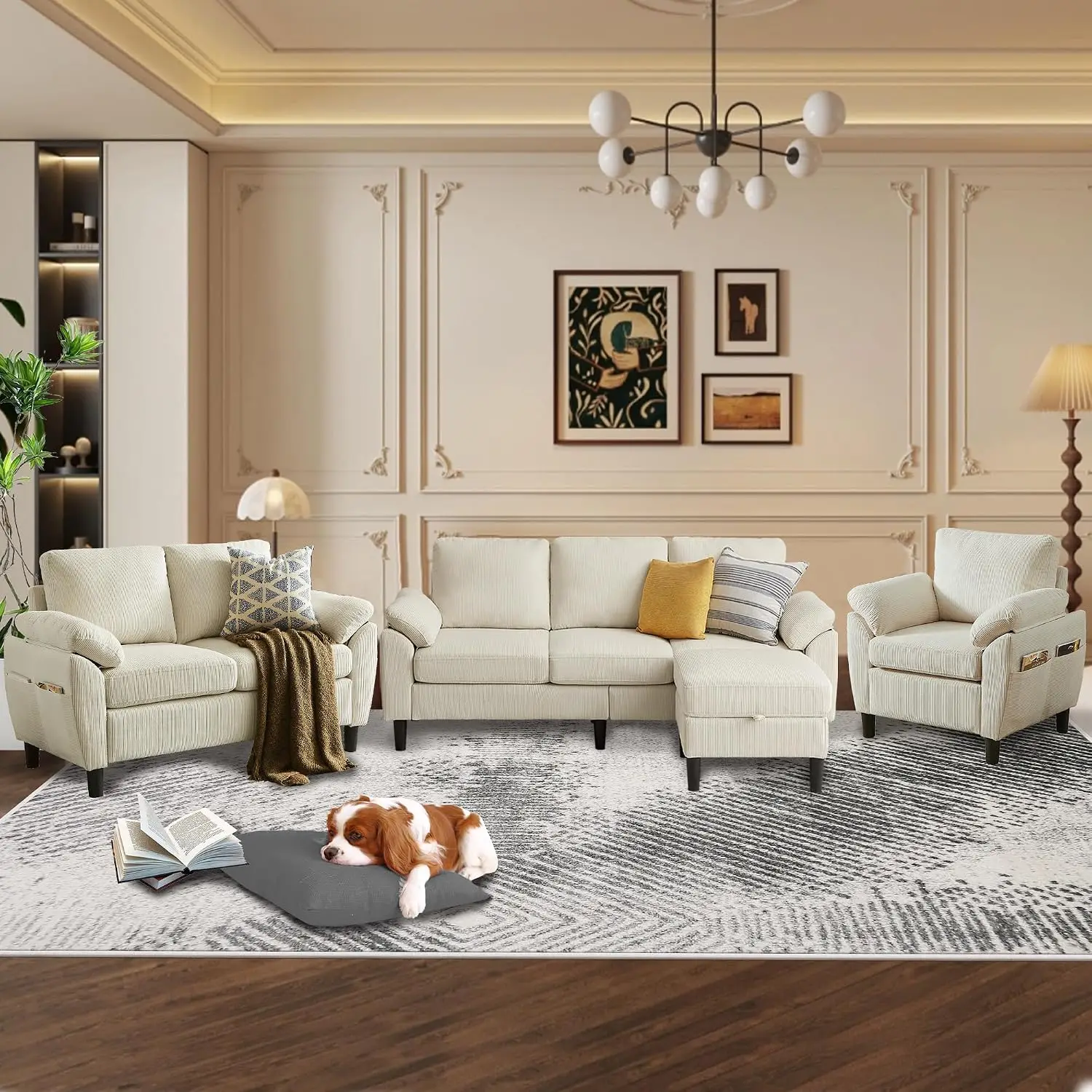 4 Piece Modern Corduroy Sofa Set, L-Shaped Sectional Couch with Storage Ottoman, Loveseat & Single Arm Chair, Side, Customized
