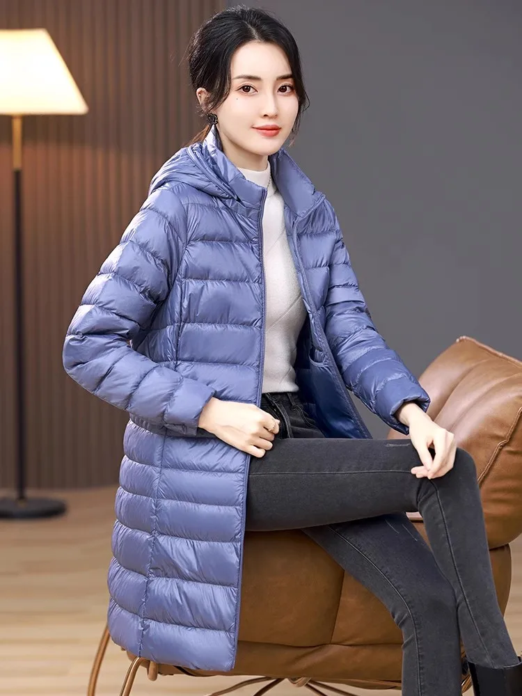 Ultra Lightweight Packable Women X-long 2024 New Arrivlas Middle Aged Mother Casual Hooded White Duck Down Female Coats