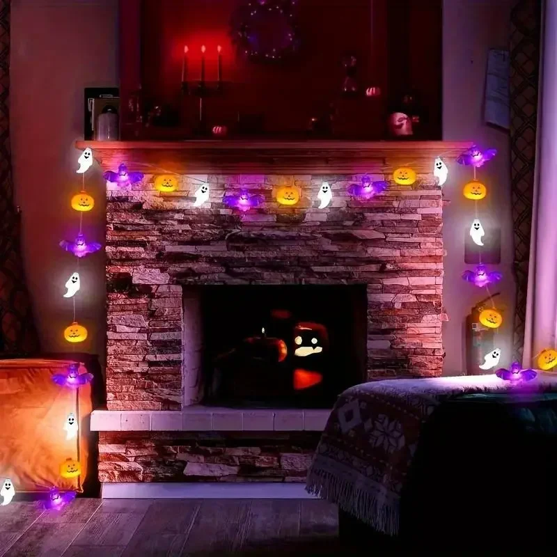 1PC LED Halloween Bat & Ghost & Pumpkin String Light Battery Powered For Home Bedroom Living Room Halloween Theme Party Decor