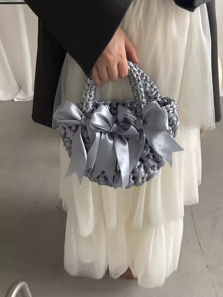 

Ballet style Satin Bowknot Bucket Bag Summer Handmade Woven Basket Bag INS Blogger's Same Cute Handbag Outing Dating Plaited Bag