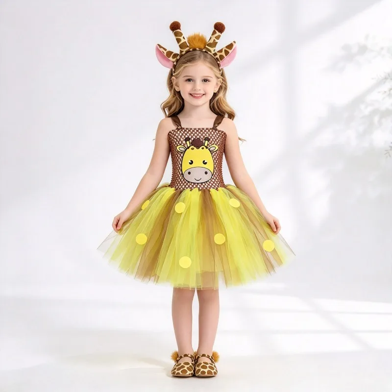 Girls Giraffe Costume Kids Tulle Tutu Dress Set Halloween Animal Theme Cosplay Party Princess Puffy Skirt