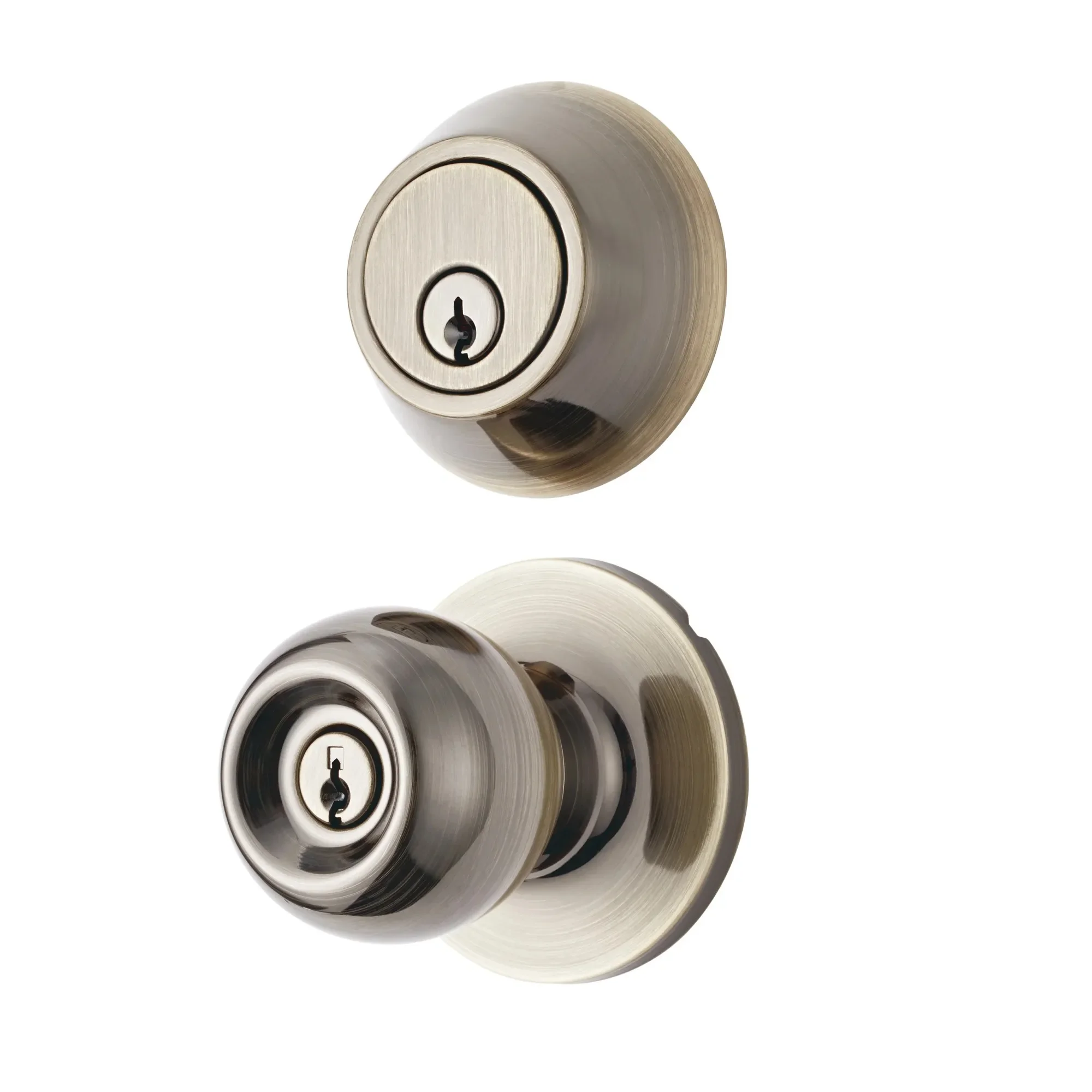 

(2 pack) Keyed Entry Ball Doorknob Lock and Single Cylinder Deadbolt Antique Brass Finish Combo Pack