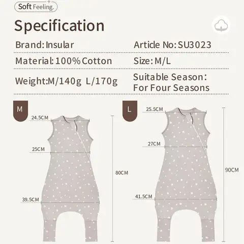 INSULAR Baby Sovsäck Med Fötter Ärmlösa Sovsäckar För Barn Hemkläder Premium Bomull 2-vägs Dragkedja 4 Säsonger 10 best sales sovsäck för bebis - №1