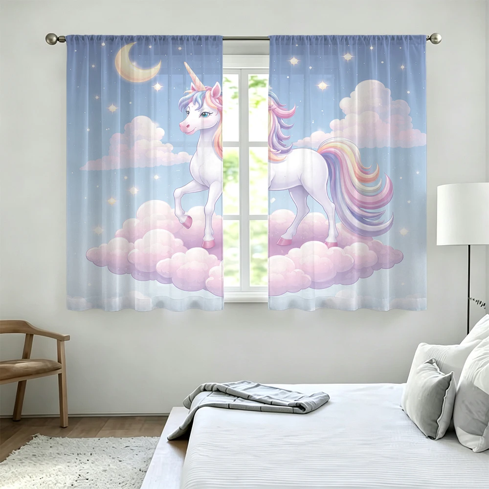 2Pcs Moon Cloud Dreamy Unicorn Rod Pocket Curtains Light Blocking Privacy Window Curtains For Living Room Bedroom Fairy Tale
