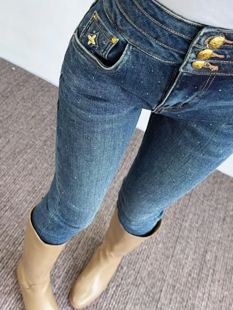 

Женские джинсы-карандаш с высокой талией, облегающие, с крупными стразами, осенние, модные, повседневные, из высокоэластичного хлопка