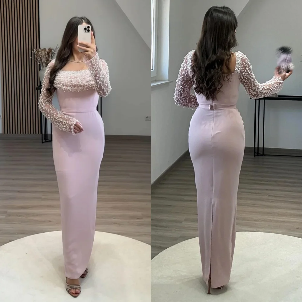 

Customized Jersey Beading Square Neck Sheath Midi DressesWomen Luxury Evening Bespoke Occasion Elegant Glitter Formal