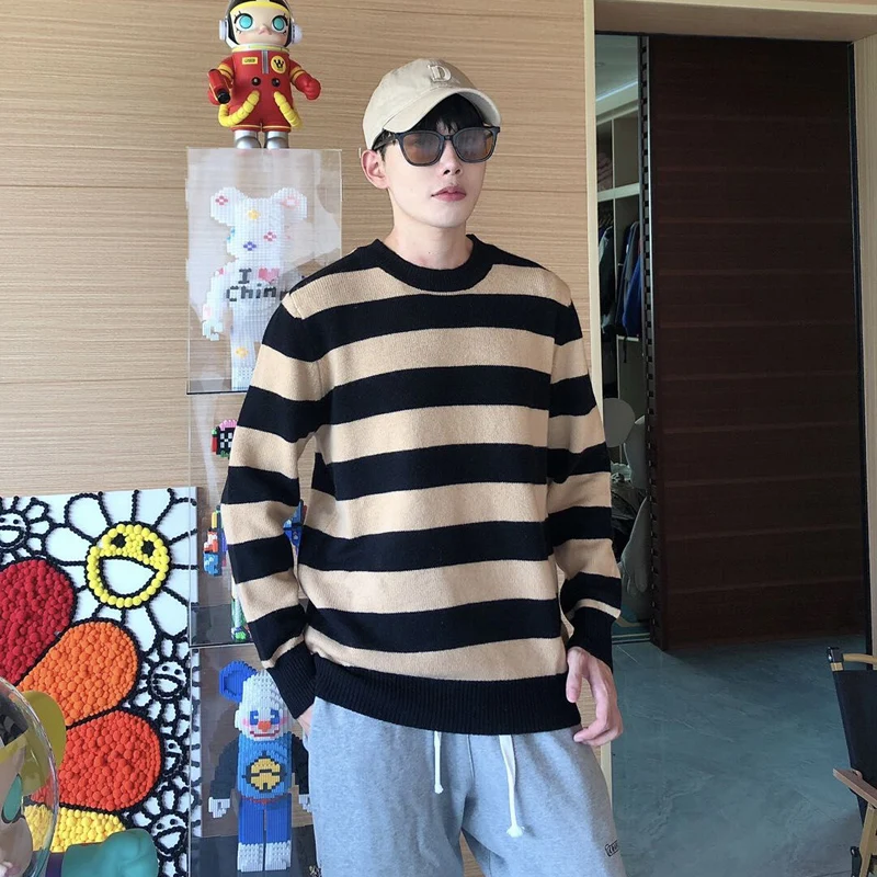 100 Pure Woolen Sweater Men\'s Round Neck Stripe Autumn Winter 23 New Knit Outerwear Underlay Cashmere Long Sleeve Fashion Casual