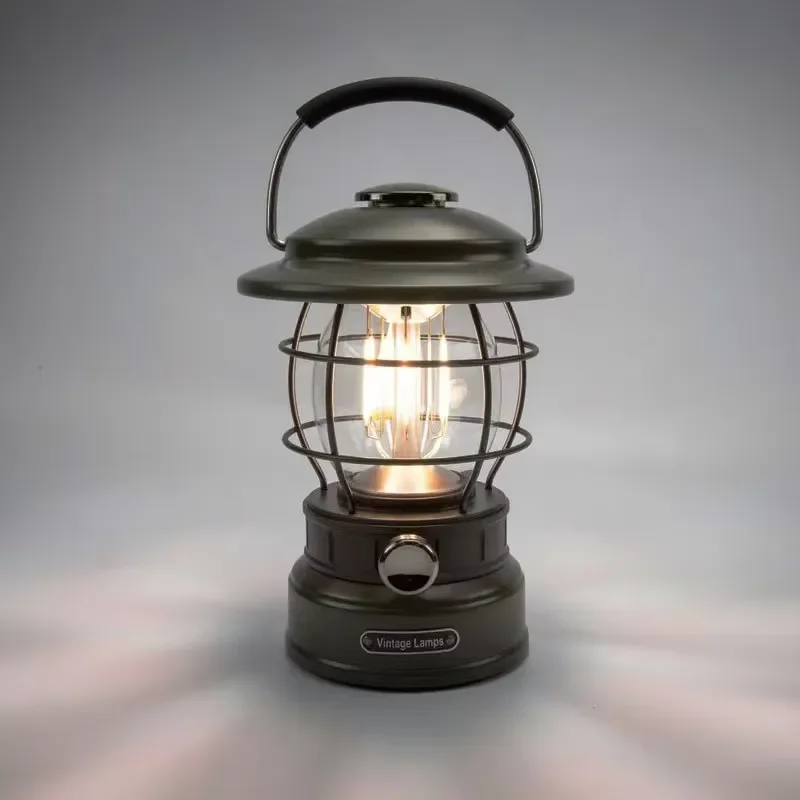 Retro COB LED Camping Light Waterproof Portable Tent Lamp Rechargeable Outdoor Hiking Lantern with Hook for Emergency Night