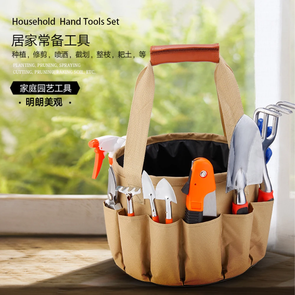 Home Garden Tools Set Canvas Storage Bag Kit Aluminum Shovel Garden Shears Water Bucket Mini Shovel Wood Saw Spray Bottle