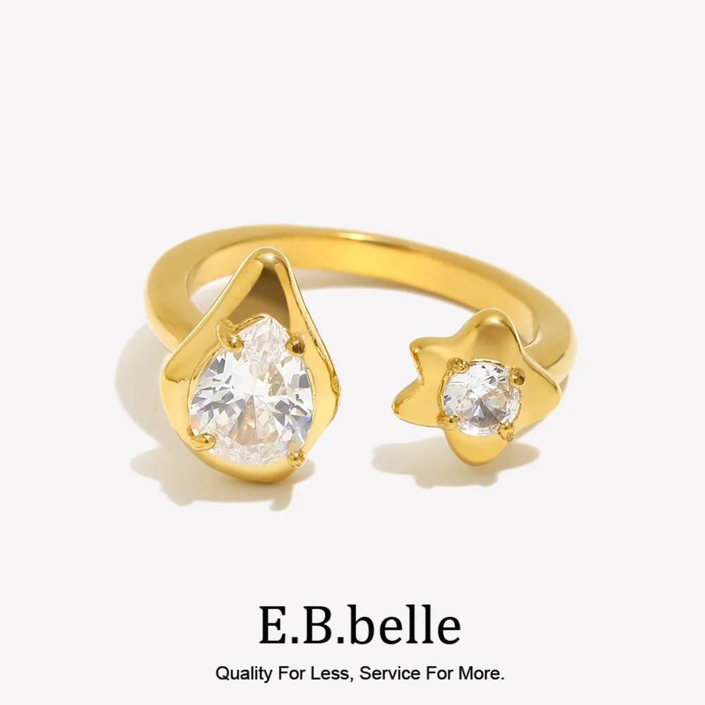 E.B.belle-Bague à Ouverture Asymétrique en Acier Inoxydable pour Femme, exacttelettes d'Eau, Étoiles, Zcomprend, Plaqué Or 18K, Bagues SION L, Accessoires