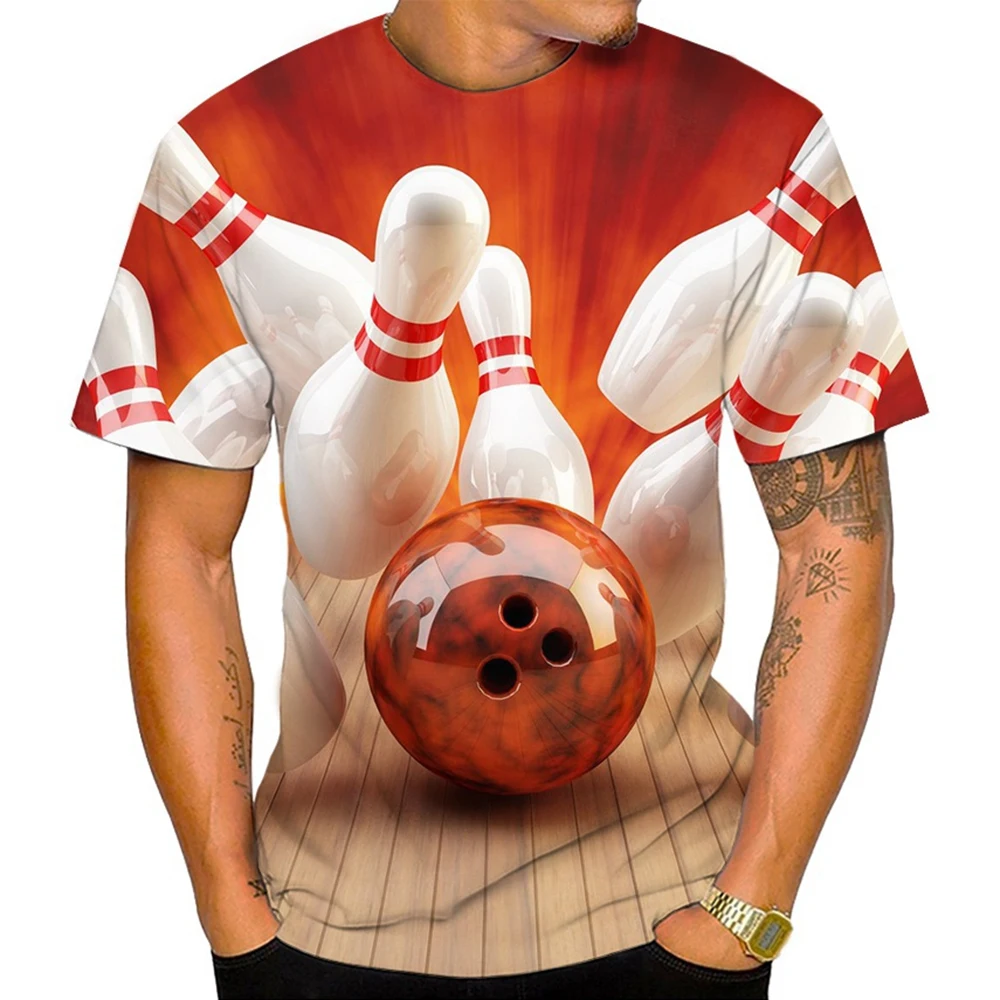 Summer fashion trend, fun and novel 3D printed bowling print pattern men\'s T-shirt casual neutral round neck comfortable top