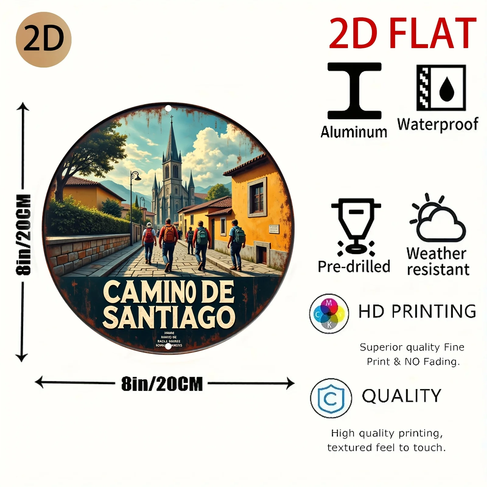HD Tin Sign, Camino De Santiago Pilgrimage Route Round Metal Wall Art, Travel Hiker Decor for Home Office