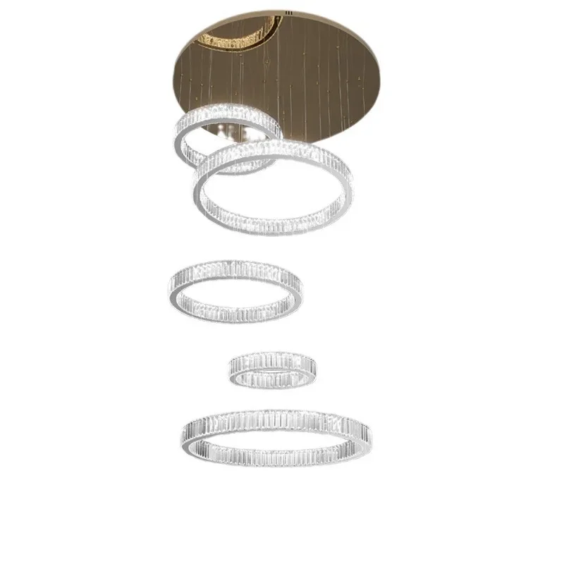 

Duplex building chandelier, modern simple light luxury living room with high hollow staircase long branch lamp