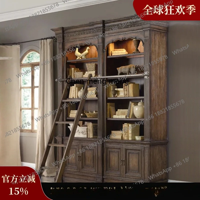 

American solid wood bookcase study with ladder glass door combination display cabinet French retro old engraved storage