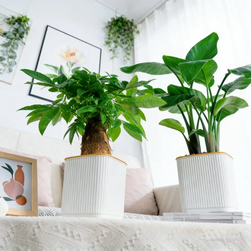 Self-Watering Flower Pot for Lazy People Nordic Style Vertical Striped Square Thickened Plastic Resin Indoor Balcony Green Plant