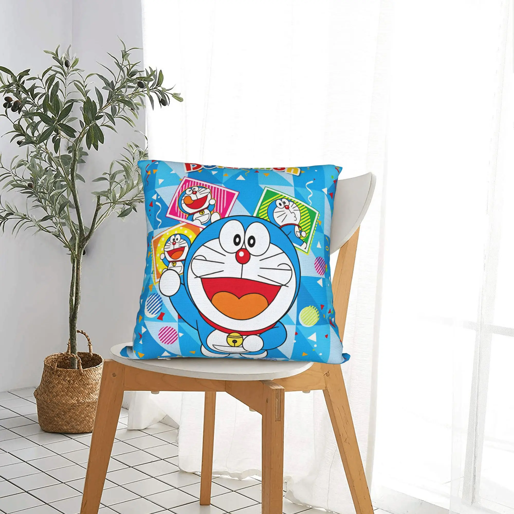 Modern Doraemon Cat Shaped Robot Cushion Cover Velvet Geometric Blue Triangles Throw Pillow Case Decoration view 5